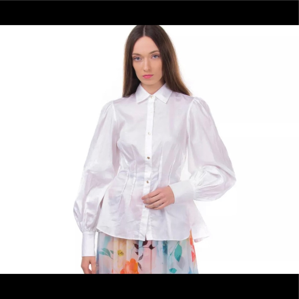 NWT Petersyn White Shirt Size S White Pleated Long Bishop Sleeve Made in USA